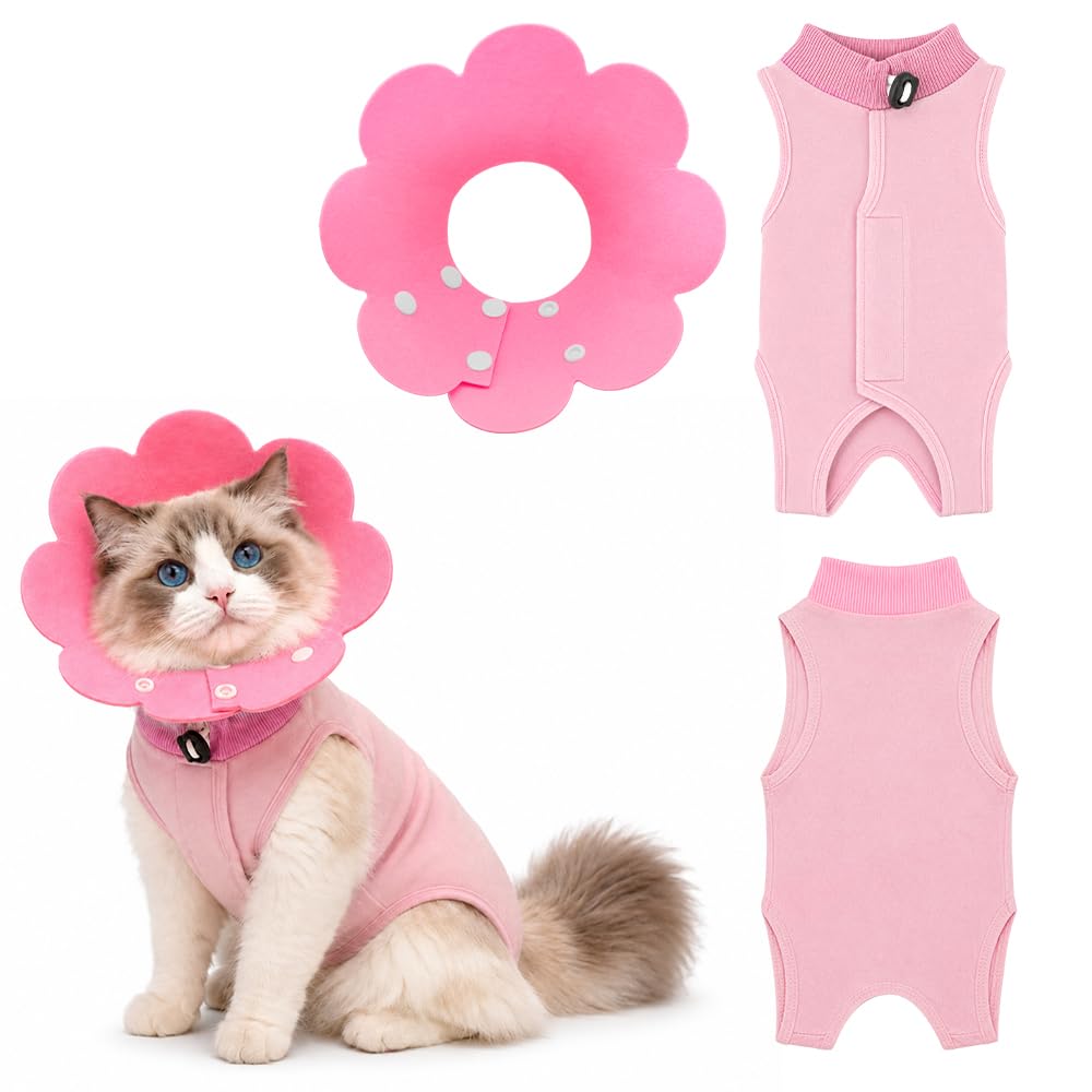 Cat Recovery Suit with Cat Recovery Collar, Cat Surgery Recovery Suit for Neutered, Injured, Wound Licking and Skin Care Cats