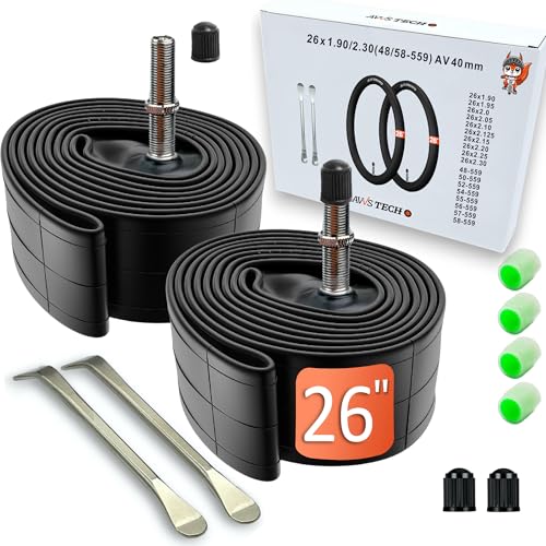 Fahrradschlauch 26 Zoll Autoventil 40mm | 26x1.90 26x2.0 26x2.10 26x2.25 26x2.30 | Schrader Ventil AV Universal | MTB Trekking City E-Bike | 2er Set Inkl. Zubehör