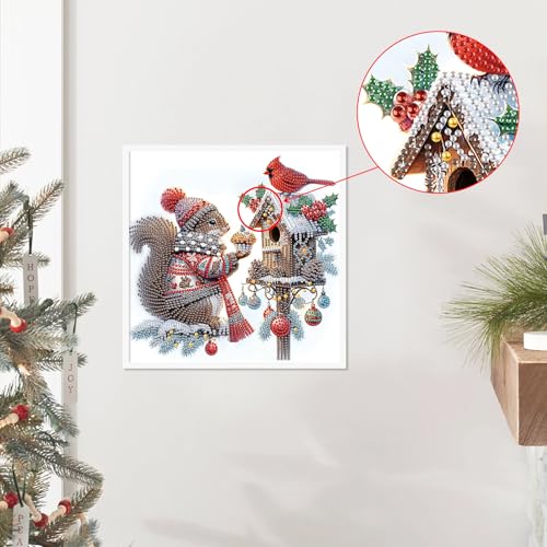 Image of 5D Special Shape Diamond Art Kits for Beginners, Diamond Art Painting Kits for Adults, Crystal Rhinestones Diamond Painting for Home Wall Christmas Decor Gift 11.8x11.8 inch, Christmas Squirrel Bird