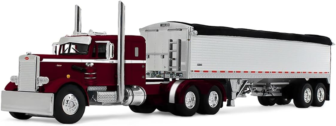 DCP Peterbilt 351 with 36" Sleeper and 34' Wilson Pacesetter Grain Trailer, Dark Cherry with White Stripes, 1/64 Scale Diecast Replica