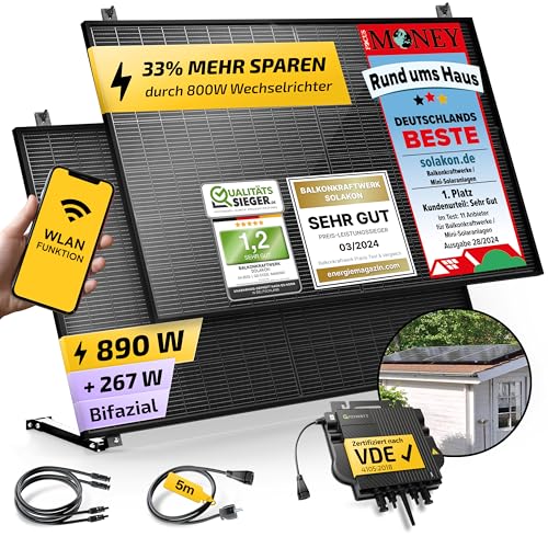 Solakon 900W Balkonkraftwerk mit Halterung (Gartenhaus) - Balkonkraftwerk 800W komplett...