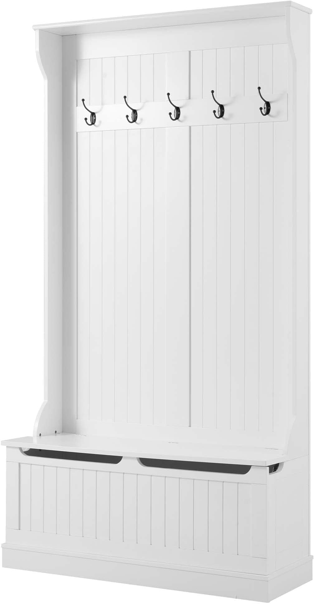 YOLENY 3-in-1 Entryway Hall Tree Storage Bench, 71" Wooden Coat Rack Bench with 5 Steel Double Hooks & Anti-Topple Anchor for Living Room, Home, Space Saving, White