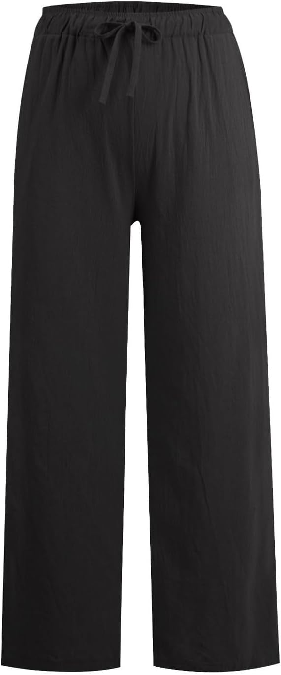 YOCUR Women Wide Leg Flowy Drawstring Palazzo Linen Pants Beach Casual Elastic High Waisted Loose Trousers - Image 3