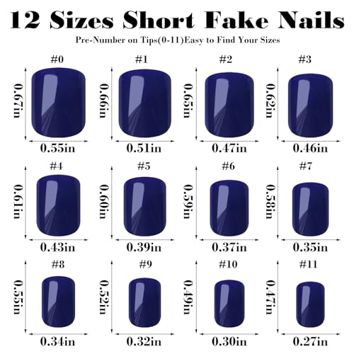 Bellelfin 240pcs Short Press on Nails Dark Blue Full Cover Short Square Fake Nails Glossy Acrylic Artificial False Nail Tips with 5 Sheets Adhesive Glue Tabs for Women and Girls Fingernails Design