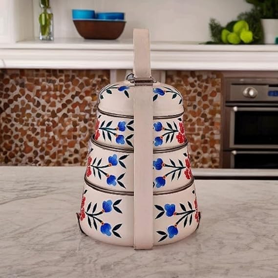 Image of iHandikart Handpainted Decorative Lunch Box Tiffin | Multiple Tier Stainless Steel Food Box | Designer Indian Print Tiffin for School | Diwali Gift, Navratri Gift (Color - Multicolor)