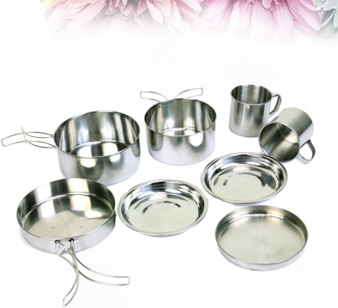 Stainless Steel Camping Cookware Set, 8pcs Portable Mess Kit
