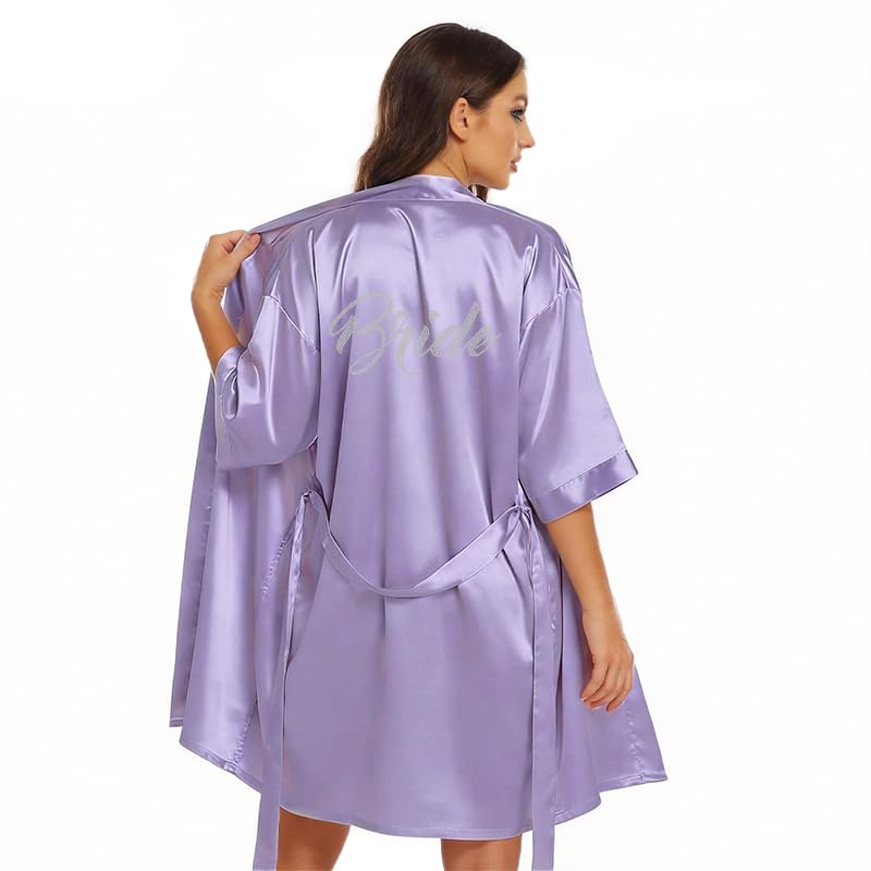 Image of Women's Bride Bridesmaid Robes Short Satin One Size Silver Rhinestones Wedding Party Getting Ready Sleepwear