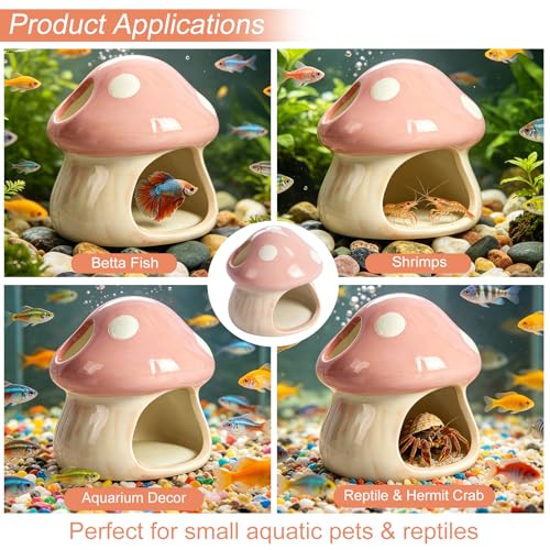Image of Ceramics Mushroom House Aquarium Decor, Betta Fish Tank Accessories Landscape Decoration, Small Shrimp Goldfishes Habitat Hut Pleco Smalland Breeding Hide Caves Toad House - Pink