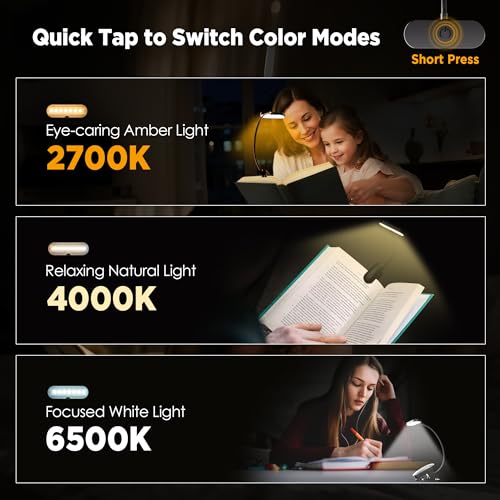 Lámpara de libro para leer sin cables con cuello flexible y pinza suave 3