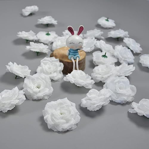 Miniatura 6 de Flores de cabeza de rosa con tallo, 50 flores artificiales blancas, utilizadas para decoración de bodas, flores hechas a mano de seda, rosas falsas