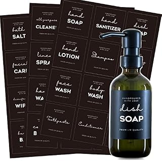 36 PCS Printed label stickers for Bottles, Prefdo Waterproof Minimalist Farmhouse Labels for Bathroom Kitchen Hand Soap Shampoo Conditioner Lotion Dispenser Bottles Containers(Black)