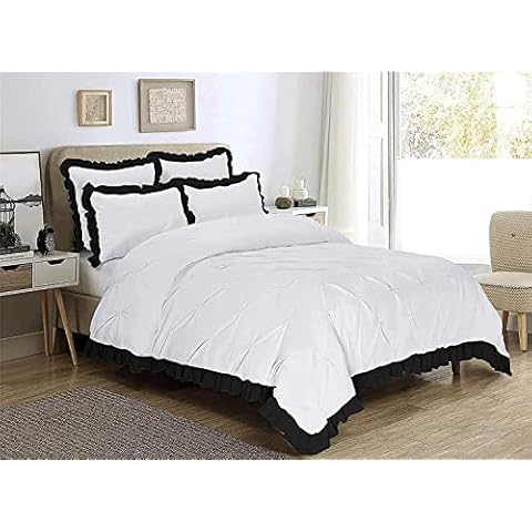 British-Linen Bedding 5PC Two Tone Pinch Pleated Corner Ruffle Frilled Duvet Cover Set with Zipper, 100% Egyptian Cotton, 400 Thread Count - White/Black Solid, Full Size. Cover