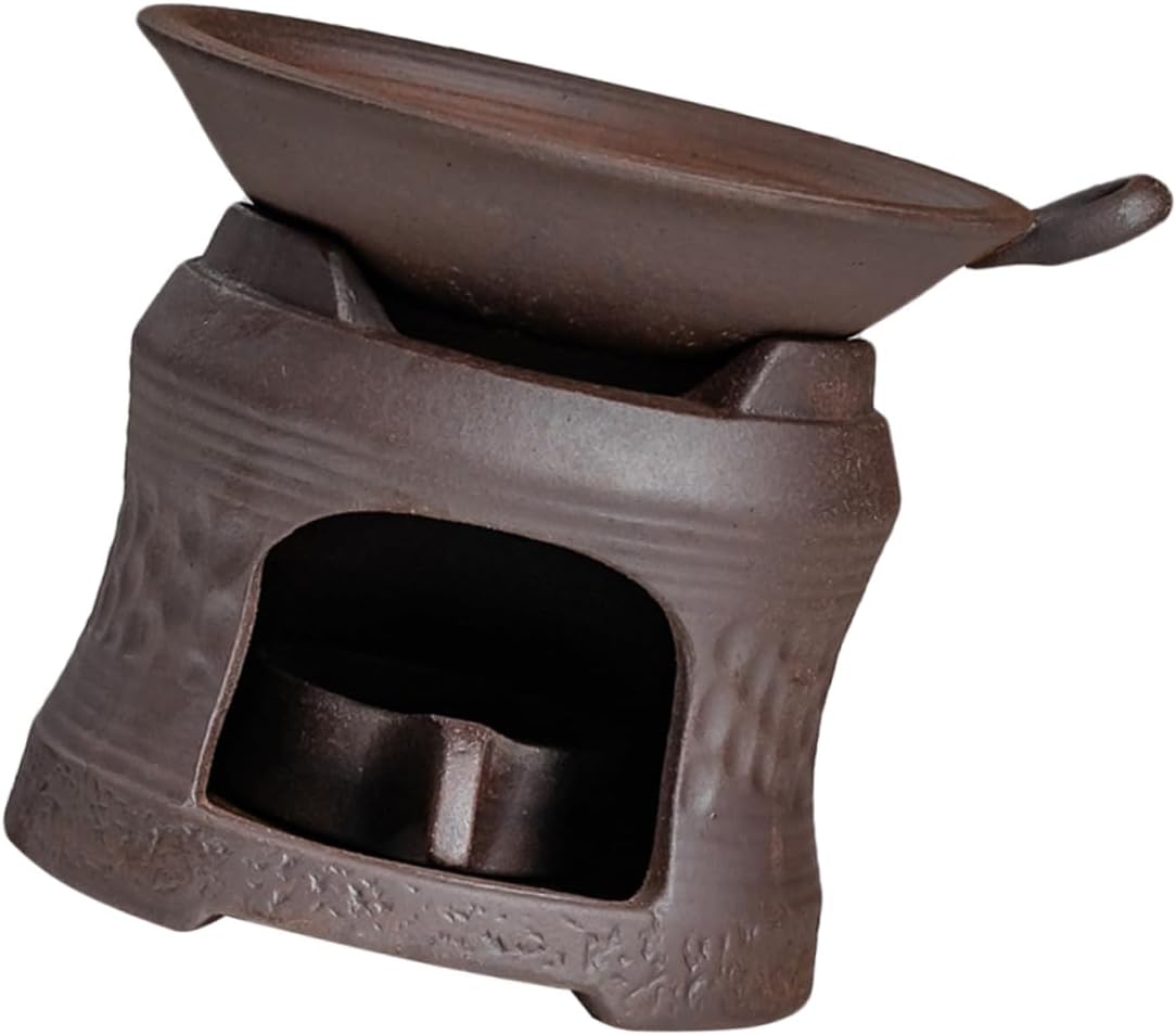 DECHOUS Ceramic Teapot Warmer with Candle Holder Portable Tea Stove Pedestal for Home and Restaurant Brown Rustic Teapot Tray for Efficient Heating and
