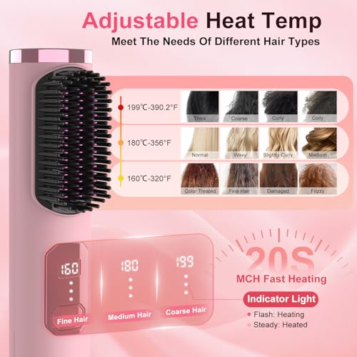 Image of Cordless Hair Straightener Brush, Portable 500 Million Ions Smooth Straightening Brush, Rechargeable 4-IN-1 Go Brush, MCH Fast Heating, 5D Dense Bristles, LED Display, Anti-Scald for Women Home Travel
