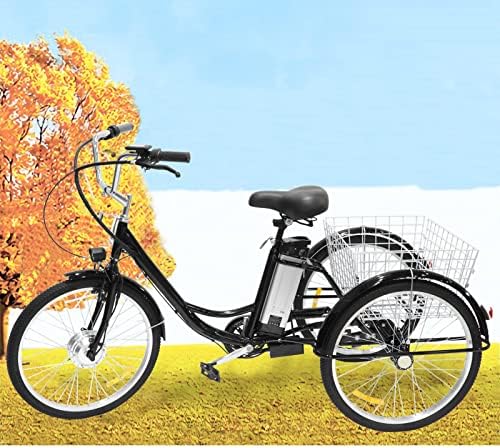 OTIGA 3 Wheel Adults Electric Bike for Adults, 24 inch Electric City Bike with 12Ah Removable Lithium Battery & 350W Motor with Adjustable Cruiser Bike Seat and Shopping Basket, 5 Speed,Black