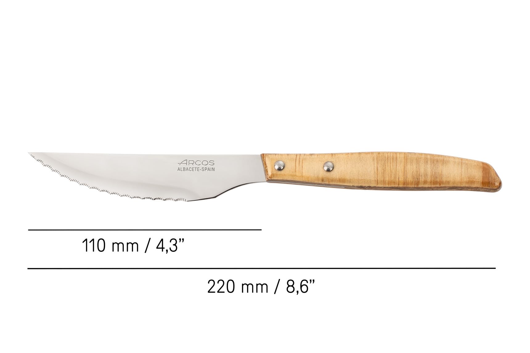 Arcos Serie Cuchillos de Mesa Caja 12 uds Cuchillo Chuletero, Hoja Serrada de Acero Inoxidable NITRUM de 110 mm, Mango Madera comprimida Color Marrón (12 uds)
