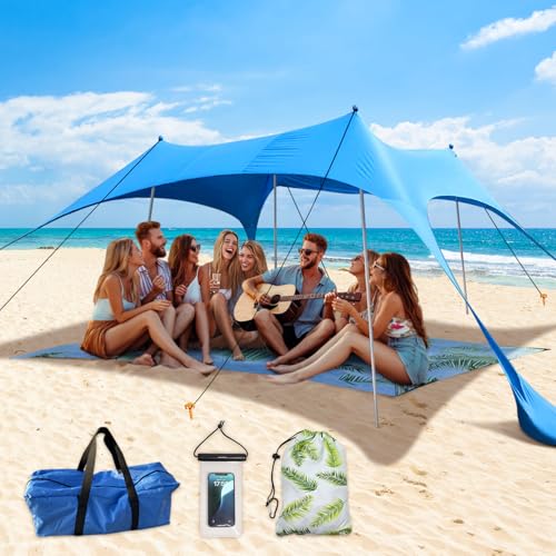 Beach Canopy Tent with UPF50+ Protection Sun shelter Umbrella Portable Camping Tents 12X12FT Include Beach Blanket Phone Case with Sandbags Poles Anti-Wind Ropes for Beach Camping Backyard Picnics