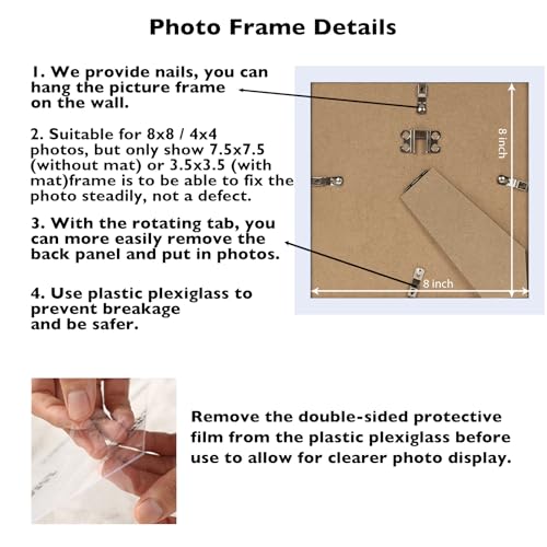 Image of JCJMY 8x8 Picture Frame With Mat, Display 4x4 With Mat or 8x8 Without, Wood Square Photo Frame for Wall Hanging or Tabletop, 1 Pack, White