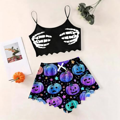 Womens Halloween Pajamas,Halloween Pajamas Women Sexy Pjs Soft Set Matching Skull Pants Costumes Adult Sleepwear Comfy Home Style *Sky Blue Small - image 2