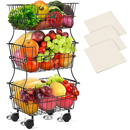 vegetable basket 3 tier stand - Fruit Basket for Kitchen, 3 Tier Fruit and Vegetable Storage Cart Detachable Fruit Holder for Kitchen Countertop Black Wire Fruit Basket Stand with Wheels, Metal Basket for Pantry Bedroom Bathroom