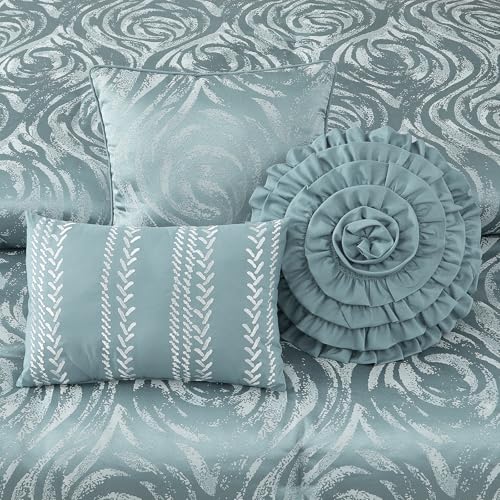 LANCO MODERN LIFESTYLE Blue 7 Piece Comforter Set, California King, Elegant Floral Jacquard, Ultra Soft Bed Set for All Seasons, Bed in a Bag with Comforter, Bed Skirt, Pillow Shams & Decor Pillows by LANCO MODERN LIFESTYLE - Used condition - Image 5