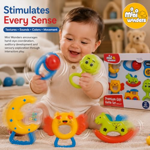 Image of Mini Wonders Baby Rattle Set of 7 | Newborn Rattle Gift Set for Boys & Girls | Safe & Colorful Infant Toys for Early Learning & Sensory Play | Ideal Gift Pack for 0-12 Months Babies