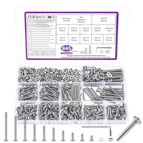 945 Pz Set di Viti M3, Bulloni e Dadi Set, Viti a Testa Cilindrica con Esagono Incassato, Kit di Assortimento di Bulloni a Testa Tonda a Esagonale e Dadi e Rondelle (M3)