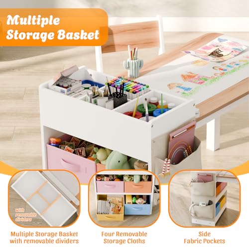 Image of IKALIFE Kids Art Table and Chair - Toddler Craft Table and Chairs Set with 2 Chair & Bins, Large Storage Kids Activity Desk with Paper Roll for Playrooms & Classroom, 40 inch L x 20 inch W, Natural