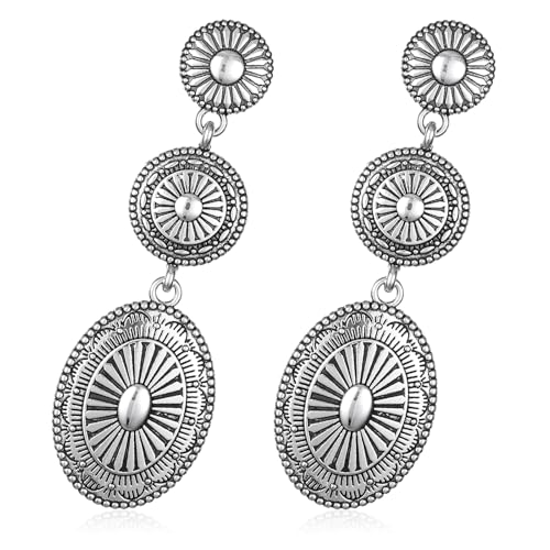 Silver Western Earrings for Women, Vintage Cowgirl Cowboy Western Silver Earrings, Oval Concho Drop Dangle Accessories Jewelry Country Concert Accessories for Women