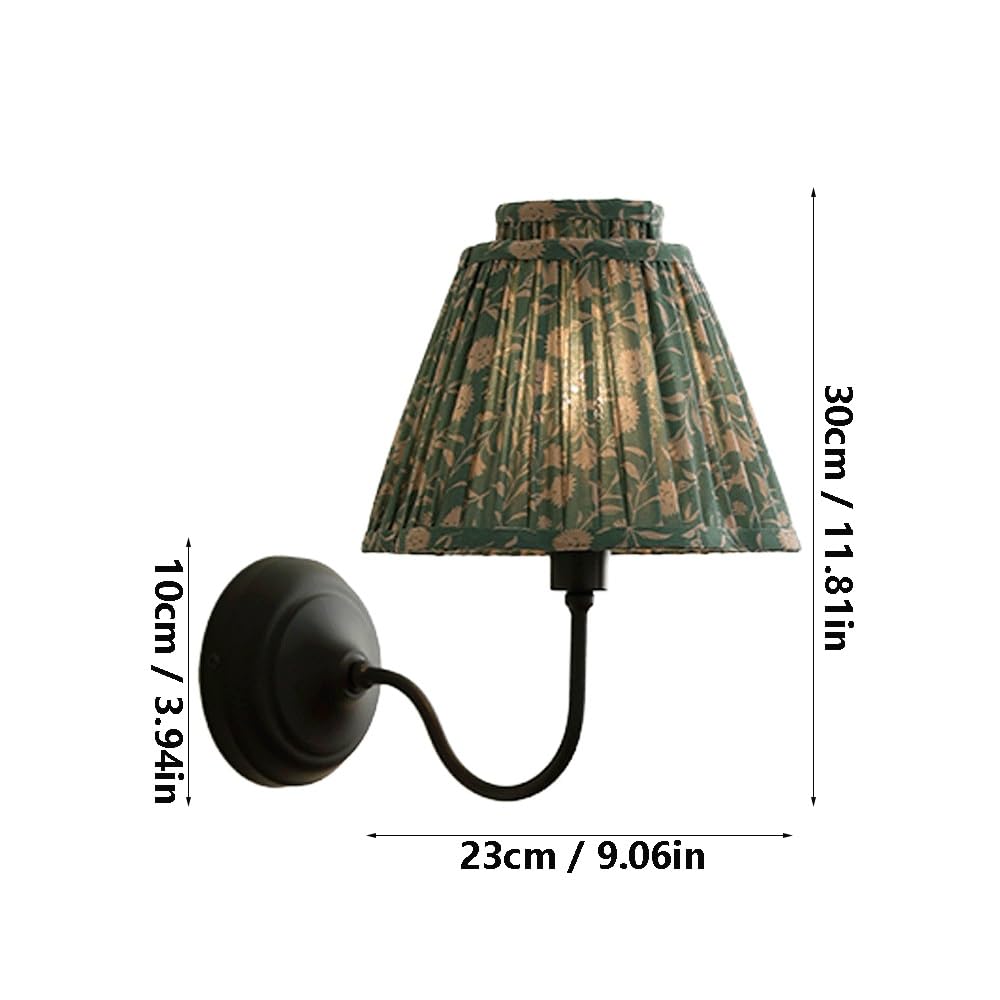 Kinkiet retro vintage, zielony kwiatowy plisowany klosz z tkaniny, czarne metalowe ramię i podstawa, dekoracyjne oświetlenie do sypialni, salonu, przedpokoju, wejścia. Bez zamka