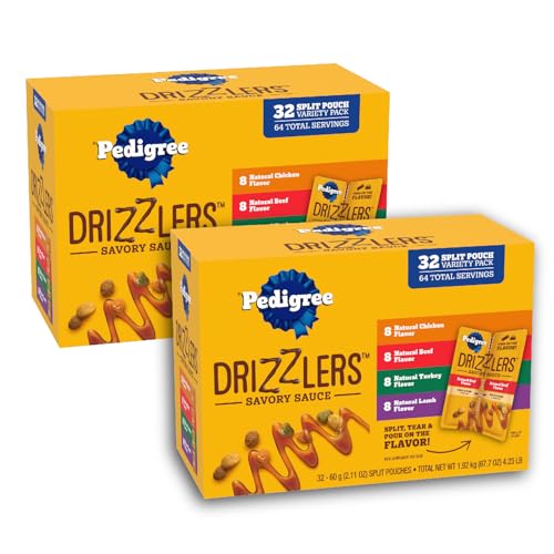 Image of Pedigree Drizzlers Savory Sauce Wet Dog Pouch, Variety, 32 Count, 2-Pack | Chicken, Beef, Turkey & Lamb flavors, 4 calories per serving, 8 ingredients, dual-serving split pouch, maintain kibble crunch