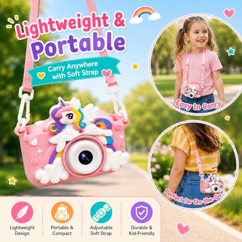 Image of Brand Conquer Kids Camera for Girls with Unicorn Design, HD Digital Camera for Children Age 3-10, Rechargeable Mini Toddler Camera with 2.4 inch IPS Screen, Selfie, Video Recording, Games & Strap (Pink)