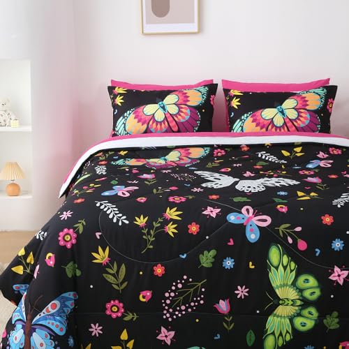 Jameswish Girls Butterfly Comforter Set Queen Size Colorful Flowers Leaves Bedding Set for Kids Teens Adults Black 7 Piece Bed in A Bag Super Soft All Season