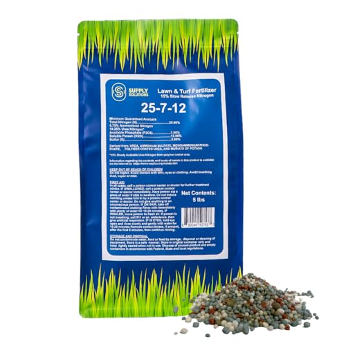 Supply Solutions 25-7-12 Lawn and Turf Fertilizer - 15% Slow Release Nitrogen Lawn Fertilizer for All Grass Types, Shrubs - Turf Builder Plant Food Covers 1,250 sq.ft (5lbs)