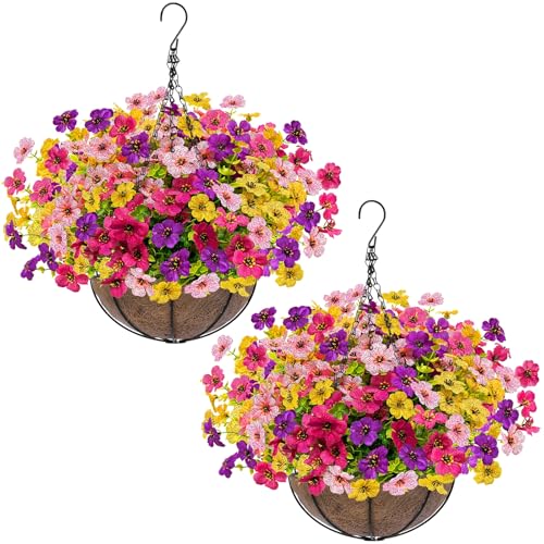 Grandeal 2 Sets Artificial Hanging Plants Flowers Basket Outdoor Fake Hanging Plants 24 Pcs Flowers for Porch Patio Garden Home Decor for Spring Summer (Red Purple Yellow Rose Red)