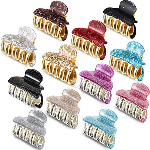 12 Pieces Small Acrylic Hair Claw Clips Plastic Hair Jaw Clips Glitter Barrette Claw Clamp for Women Girls Hair Accessories, 12 Colors