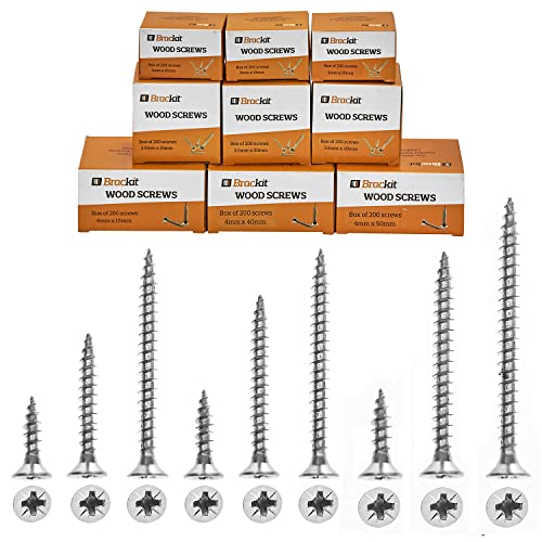 Brackit Wood Screws Bulk Pack – 1800 Pieces – 3, 3.5 & 4mm - Pozi-drive Countersunk Zinc Plated Steel Screws