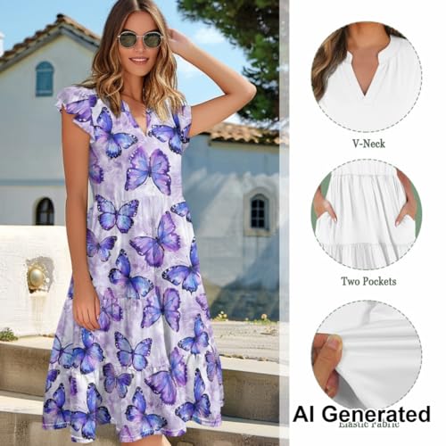 Image of Women's Casual Ruffle Sleeve Dress V Neck Pullover Dress Flowy A-Line Pleated Lightweight Dress with Pockets