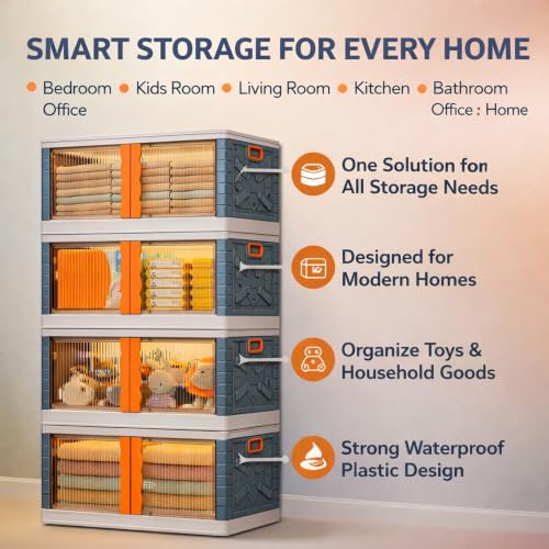 Image of BAMEOS ๐ ๐๐๐๐๐ Foldable Plastic Storage Cabinet with Double Transparent Doors | Dustproof Storage Organizer for Clothes, Toys, Books & Baby Essentials | Multipurpose Wardrobe Storage for Home