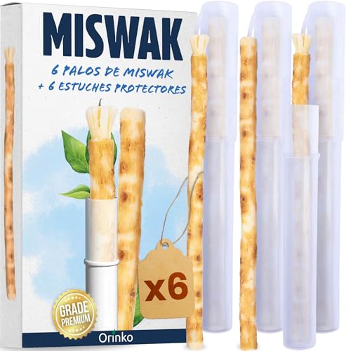 ORINKO® Miswak Natural x6 con Estuche Reutilizable x6 - Cepillo de Dientes Ecológico para Blanqueamiento Dental - Raíz de Salvadora Persica para Higiene Bucal - Alternativa Cero Waste y Vegana