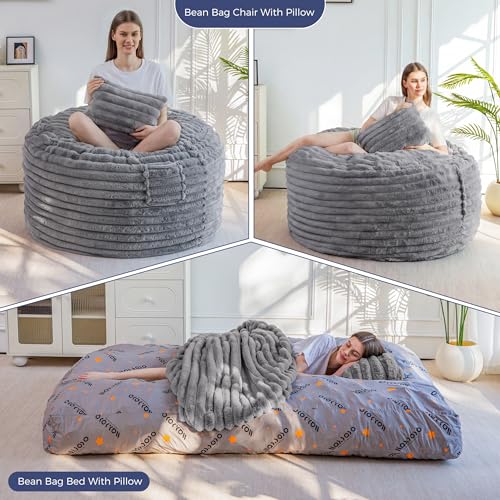 Image of MAXYOYO Giant Bean Bag Chair Bed with Pillow, Convertible Beanbag Sofa to Floor Bed, Lazy Chair Couch with Removable Cover, High-Density Shredded Foam Filling, Cozy Lounge for Bedroom Living Room