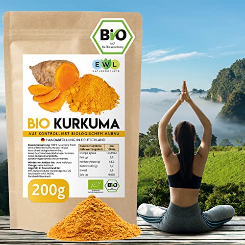 EWL Naturprodukte Kurkuma Pulver BIO, 200g Kurkuma Bio Pulver fein gemahlen, Curcuma Pulver aus kontrolliert biologischem Anbau – Bild 4