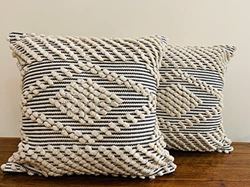 NATURE4U Pack of 2 Boho Throw Pillow Covers, 18 x 18 Inch Natural Cotton Hand-Woven Tufted Decorative Tassel Hug Pillowcase for Sofa Bed Bedroom Living Room Loop Handloom Pillow
