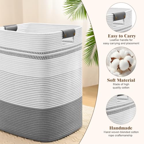 Image of Laundry Hamper, 85L Tall Laundry Basket with Leather Handles, Rectangle Large Clothes Hamper for Organizing, Cotton Woven Laundry Baskets Storage Hampers for Bedroom, Nursery, Living Room
