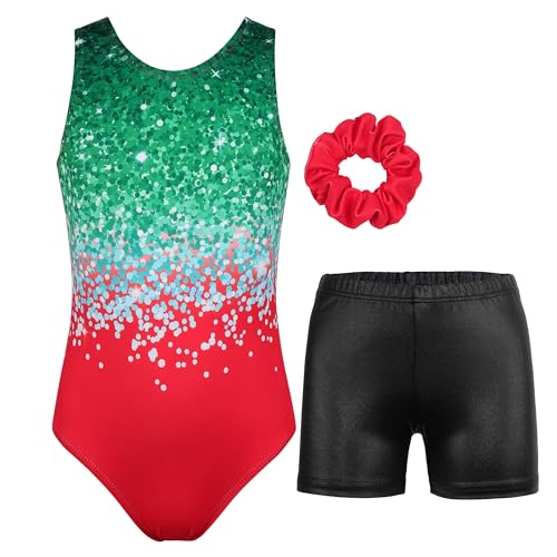 JESKIDS Gymnastics Leotards for Girls Dance Unitards Biketards Matching Shorts Activewear Suits for Girls 4-13 Years Gradient Sequin Red and Green 12-