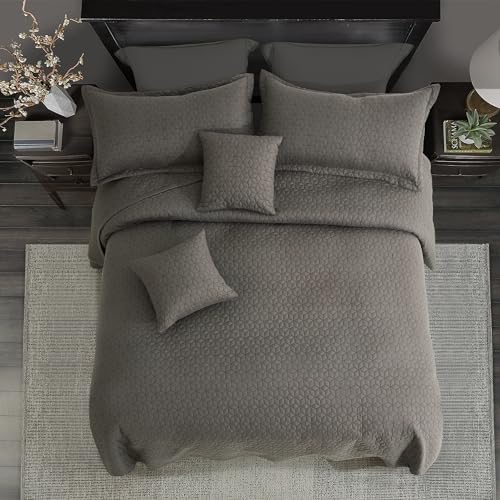 Image of Oversized King Bedspread 128x120 Extra Wide, Diamond Geometric Quilt Set King /Cal King, Lightweight Reversible Coverlet, Straight Edge - Earthy Contemporary Look, 5 Piece, Brown