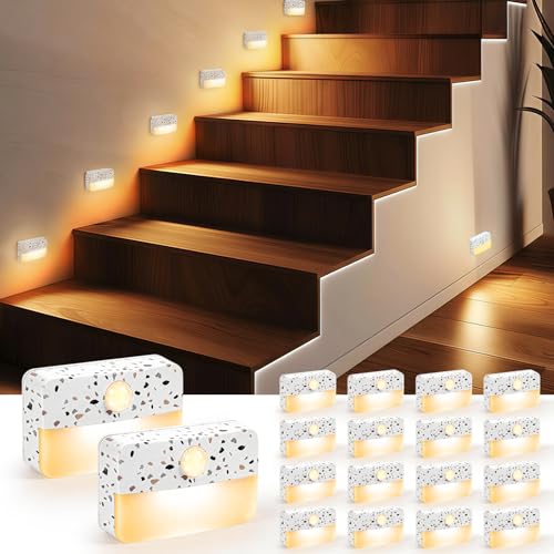 Image of Guankai 16 Pack Motion Sensor Stair Light for Indoor, Battery Operated Closet Lights, Wireless Stick on Anywhere Hallway Lamp, Portable Led Night Lamps for Bedroom Under Cabinet Kitchen,Terrazzo White