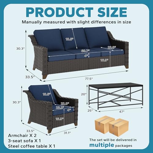 Image of 4 Pieces Outdoor Conversation Furniture Set - 77 inch Patio Sofa, 2 Wicker Armchairs, 1 Metal Coffee Table, Patio Wicker Furniture Set with Water-Resistant Cushions for Sunroom (Navy Blue) | Patio Chair Set with Olefin Removable Cushion, All-Weather Outdoor Couch with Deep Seat for Porch, Deck and Backyard, Blue
