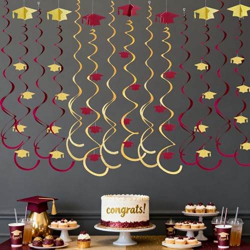 Image of 24Pcs Maroon Gold Graduation Grad Cap Hanging Felt Swirl Streamer Spiral Ceiling Garland for Congrats Grad Class of 2026 We are So Proud of You You Did It I'm Done Themed Party Decorations Supplies