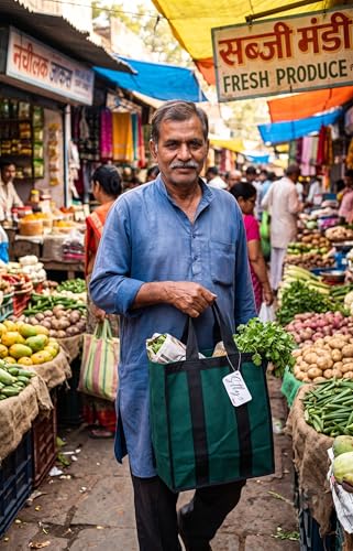 Image of Medium Heavy Duty Canvas Grocery Bag (Thela) | Reusable Shopping Tote Bag for Vegetables, Groceries & Lunch Carry | Durable Cloth Market Bag with Strong Handles | 12 x 9 x 14.5 Inches